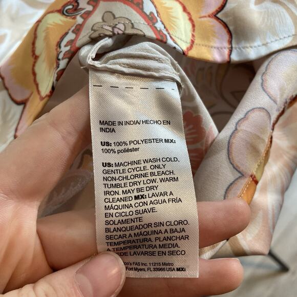 Chico's Women's Beige Satin Floral‎ Keyhole Neck Blouse Size 14 Asian Vibes Boho - Picture 6 of 10